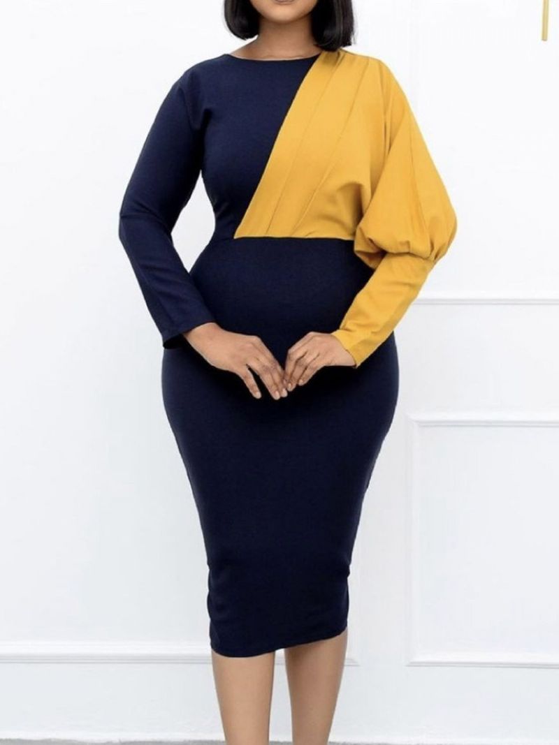 Pohkeen Puoliväliin Ulottuva Pitkähihainen Pyöreäpääntie Bodycon Color Block Mekko