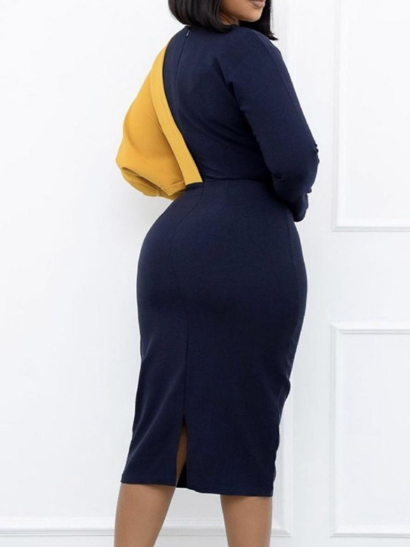 Pohkeen Puoliväliin Ulottuva Pitkähihainen Pyöreäpääntie Bodycon Color Block Mekko