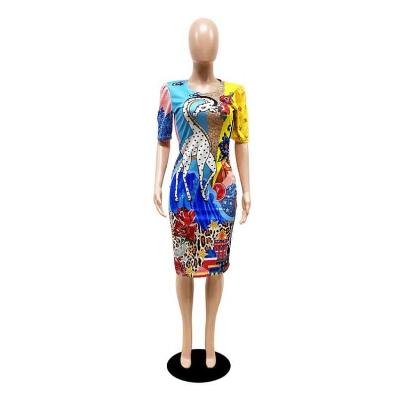 Pyöreäkaula-Aukkoinen Lyhythihainen Printtipusero Mid Waist Bodycon-Mekko