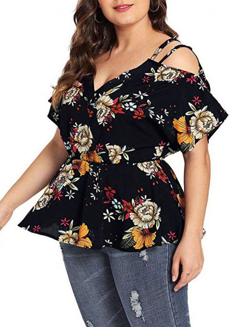 Floral Standard V-Kaula Slim Western Naisten T-Paita Plus Koko