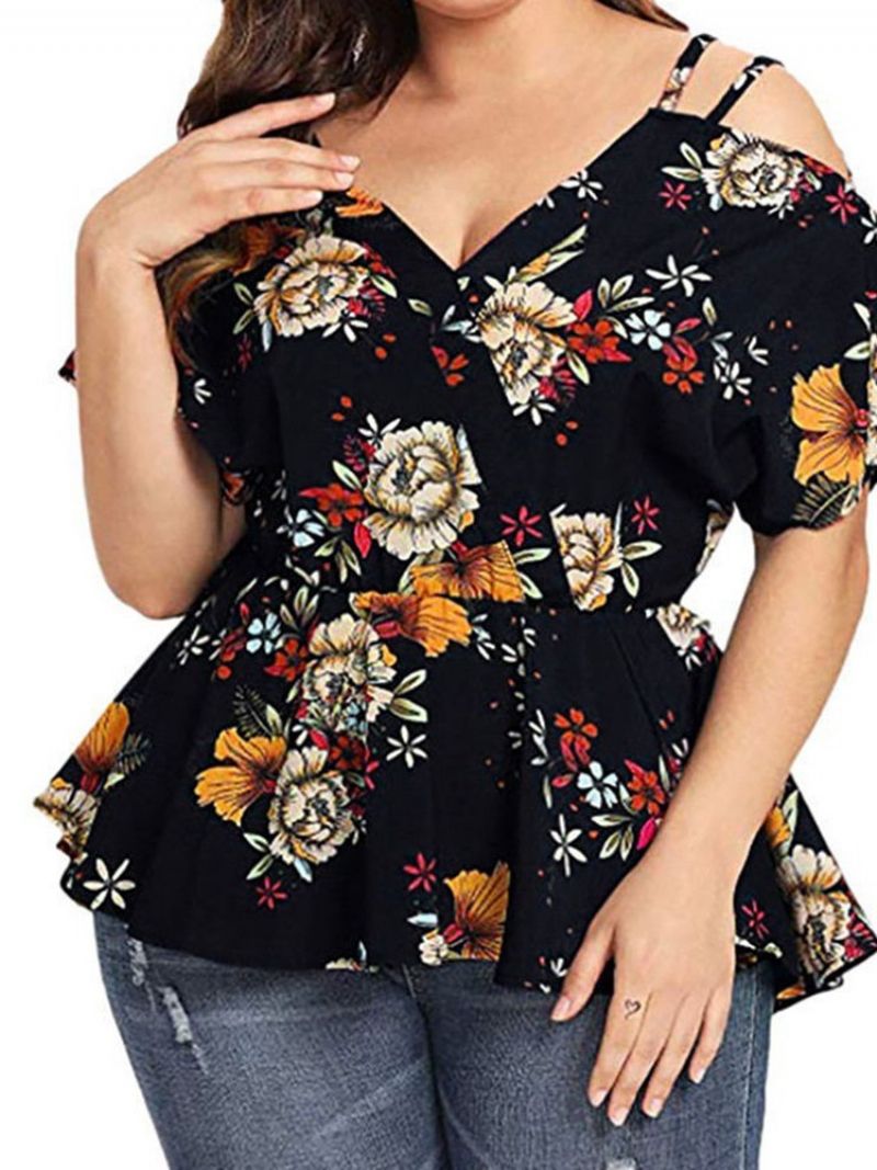 Floral Standard V-Kaula Slim Western Naisten T-Paita Plus Koko