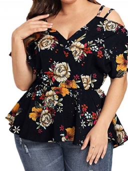 Floral Standard V-Kaula Slim Western Naisten T-Paita Plus Koko