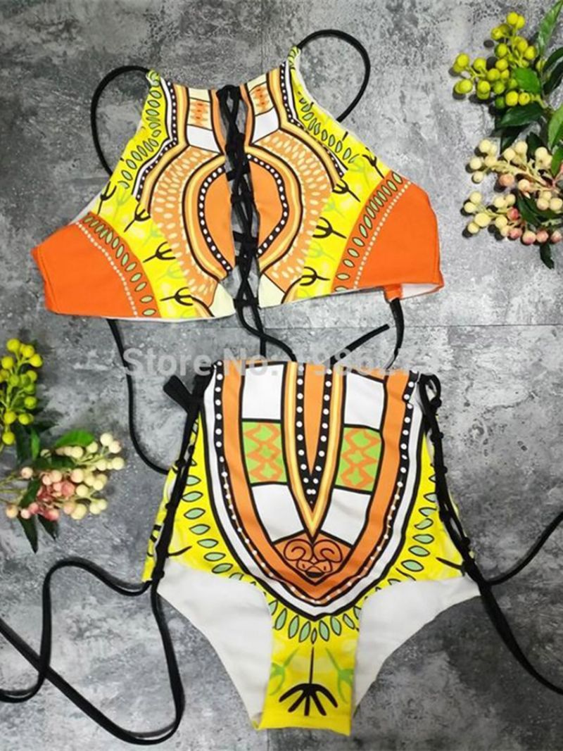 Plus-Koon Dashiki African Print Ontot Korkeavyötäröiset 2 Kpl Bikinipuvut