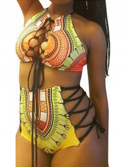 Plus-Koon Dashiki African Print Ontot Korkeavyötäröiset 2 Kpl Bikinipuvut