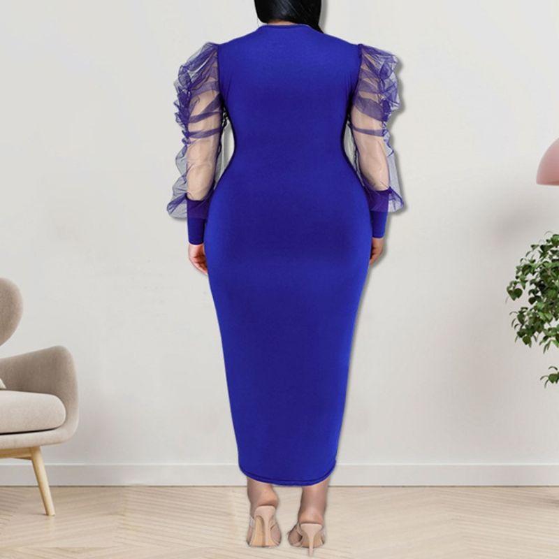 Plus-Koon Pyöreä Pääntie Mesh Pitkähihainen Bodycon Puhvihihainen Bodycon Mekko