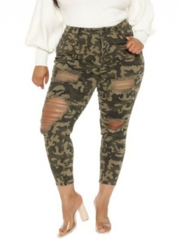 Skinny Hole Camouflage Pencil Pants Nilkkapituus Naisten Housut Suuri koko