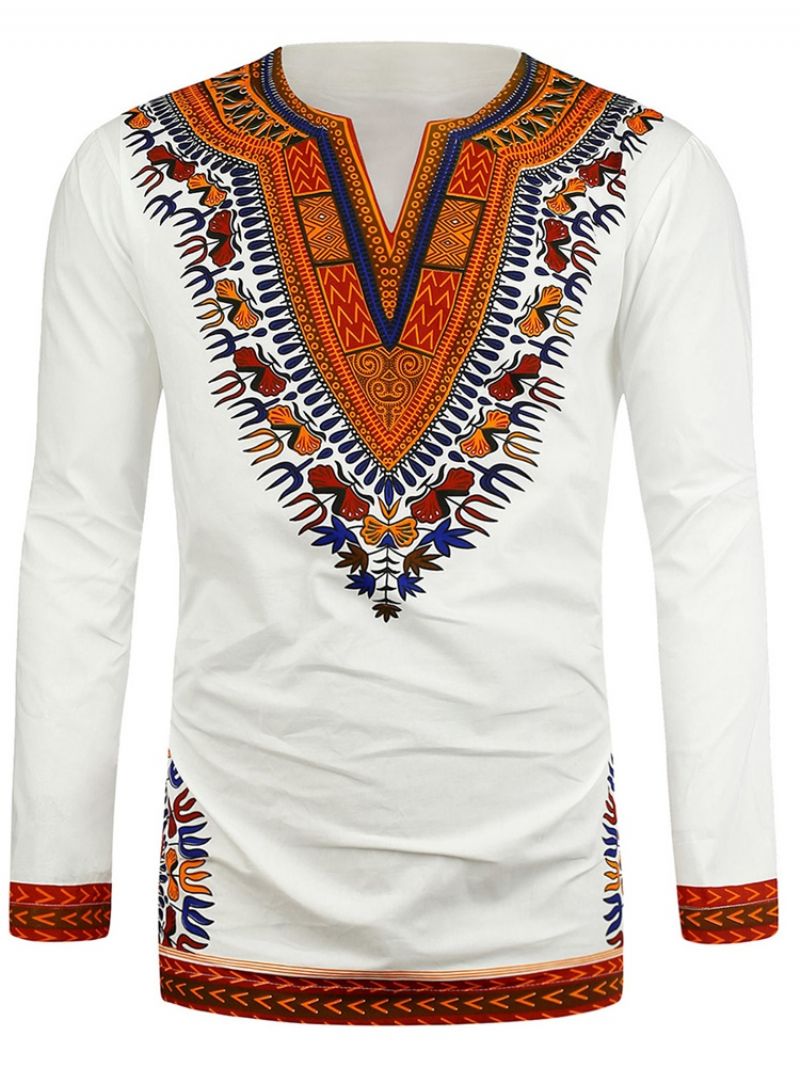 African Muoti Dashiki Print V-Kaula-Aukkoinen Löysä Miesten T-Paita