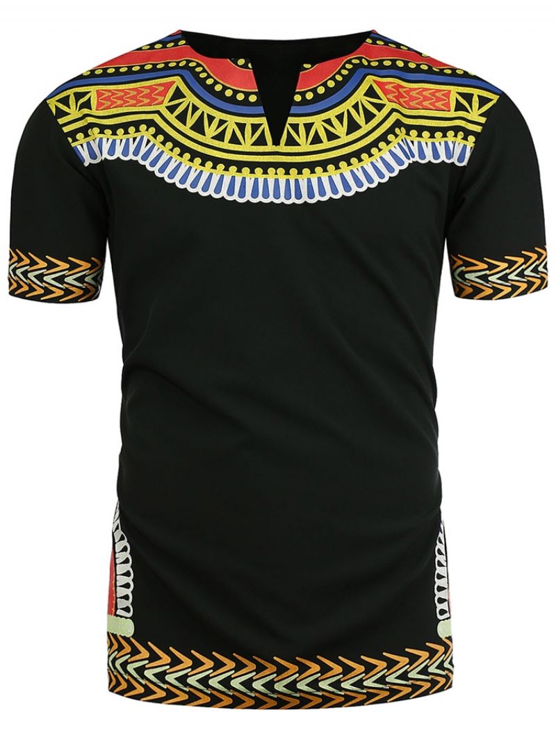 African Muoti Dashiki Print V-Kaula-Aukkoinen Löysä Miesten T-Paita