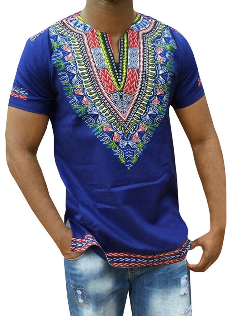 African Muoti Dashiki Print V-Kaula Miesten Suora T-Paita