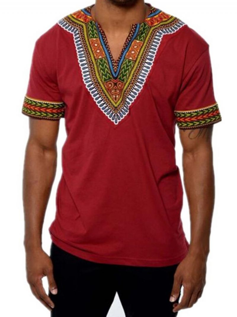 African Muoti V-Kaula-Aukkoinen Dashiki Print Lyhythihainen Miesten T-Paita