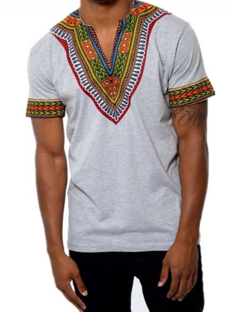 African Muoti V-Kaula-Aukkoinen Dashiki Print Lyhythihainen Miesten T-Paita