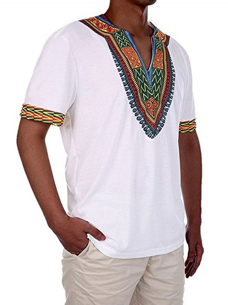 African Muoti V-Kaula-Aukkoinen Dashiki Print Lyhythihainen Miesten T-Paita