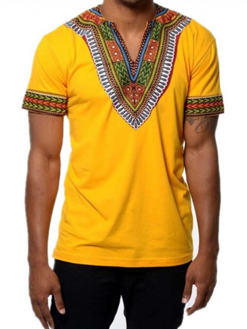 African Muoti V-Kaula-Aukkoinen Dashiki Print Lyhythihainen Miesten T-Paita