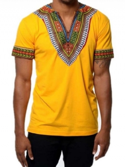 African Muoti V-Kaula-Aukkoinen Dashiki Print Lyhythihainen Miesten T-Paita