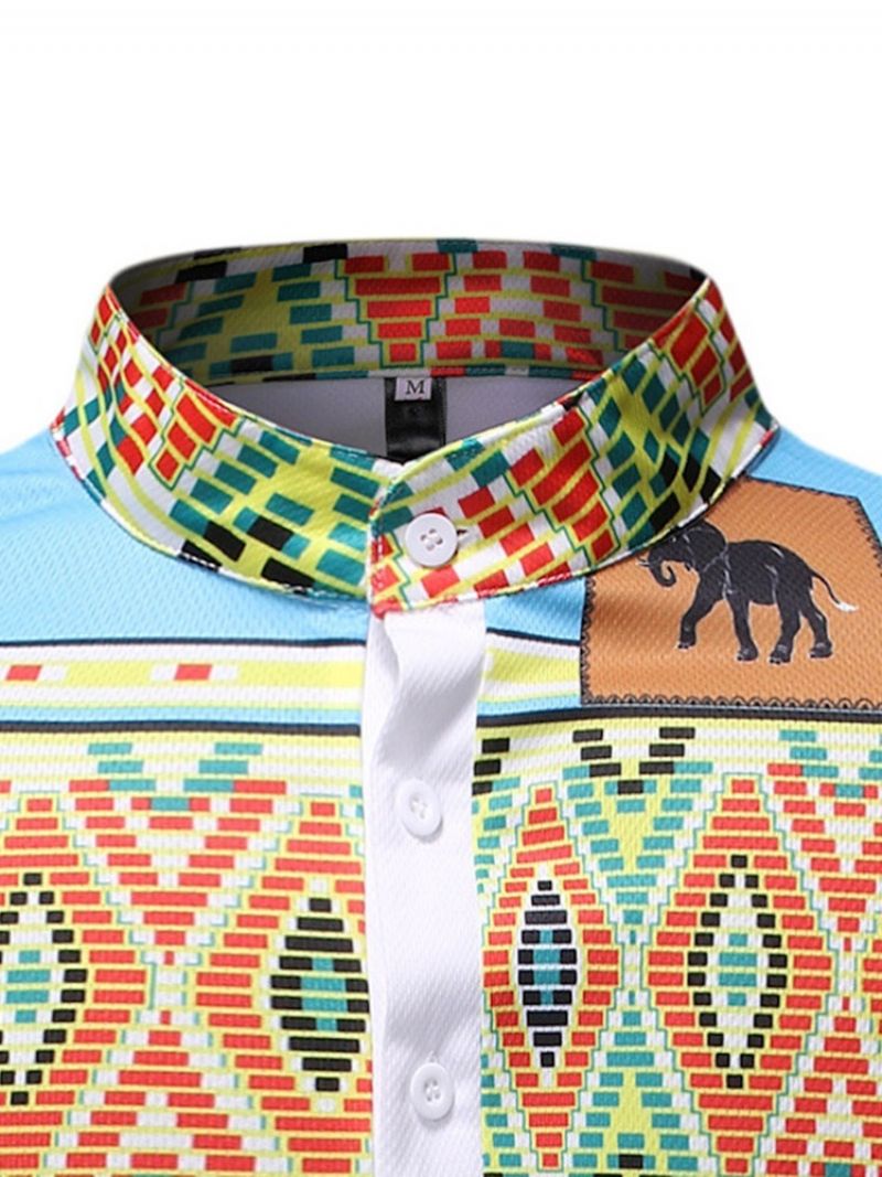 Color Block Print Stand Collar Straight Miesten Lyhythihainen T-Paita