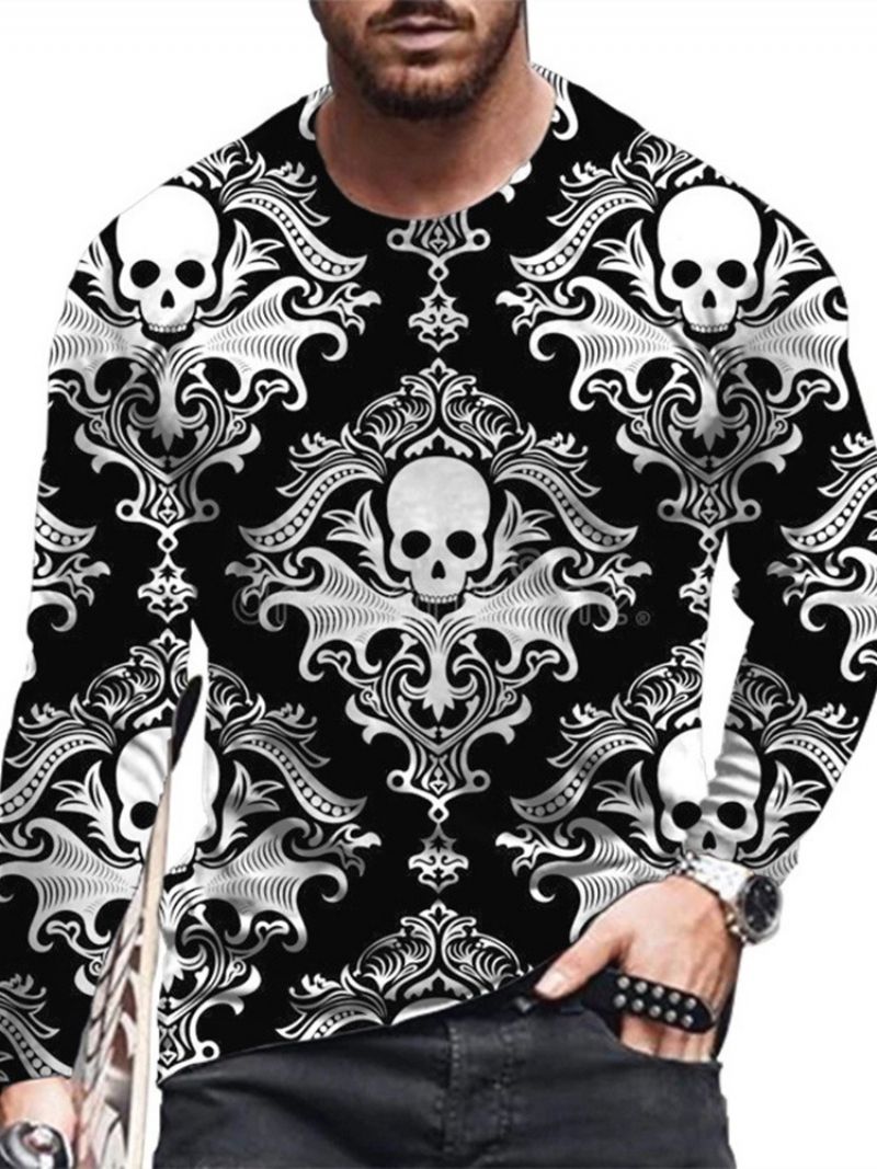 Skull Print Round Neck Straight Pullover T-Paita