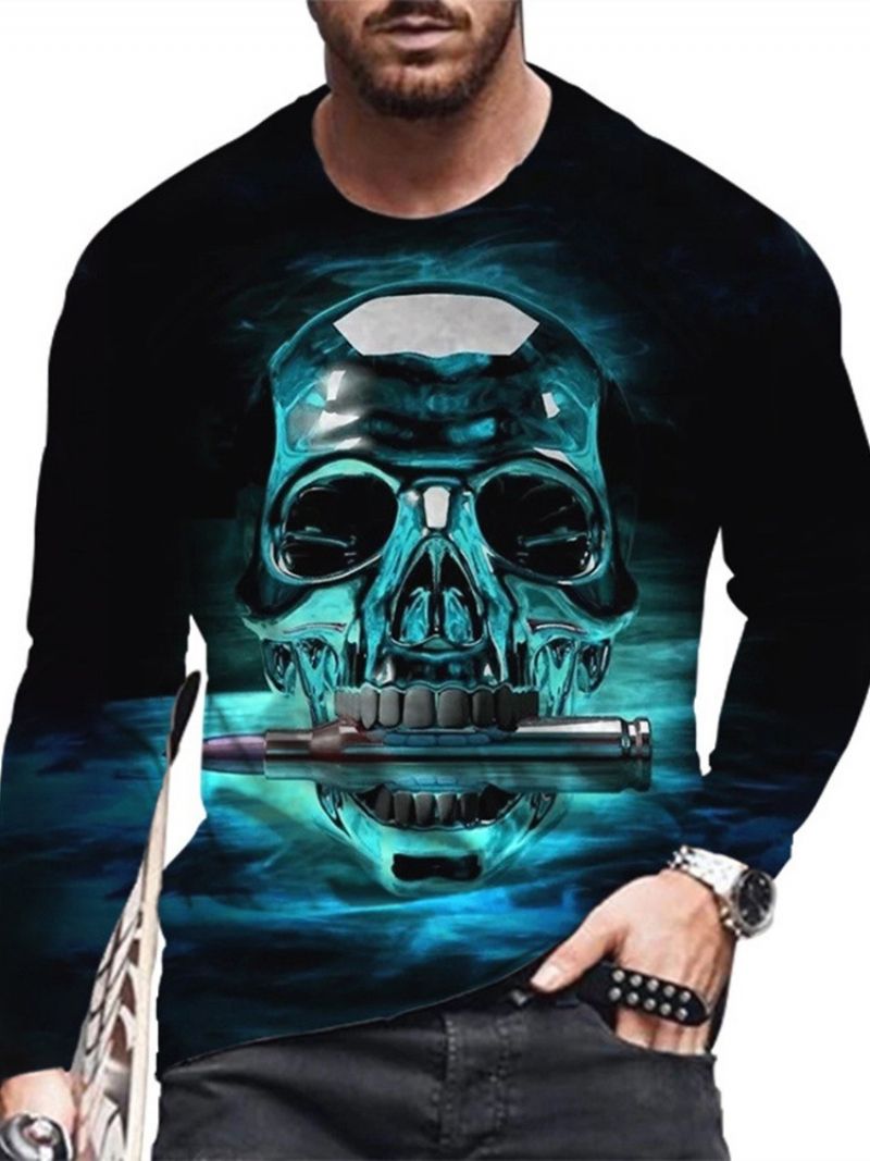 Skull Print Round Neck Straight Pullover T-Paita