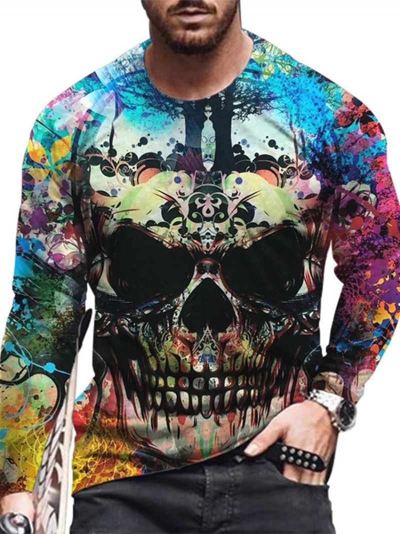 Skull Print Round Neck Straight Pullover T-Paita