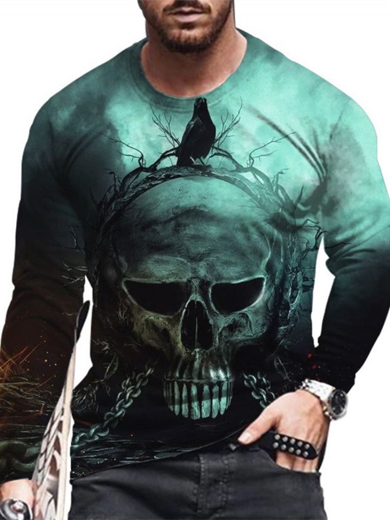 Skull Print Round Neck Straight Pullover T-Paita