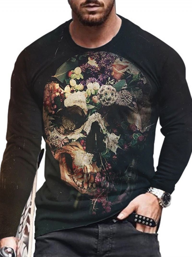 Skull Print Round Neck Straight Pullover T-Paita