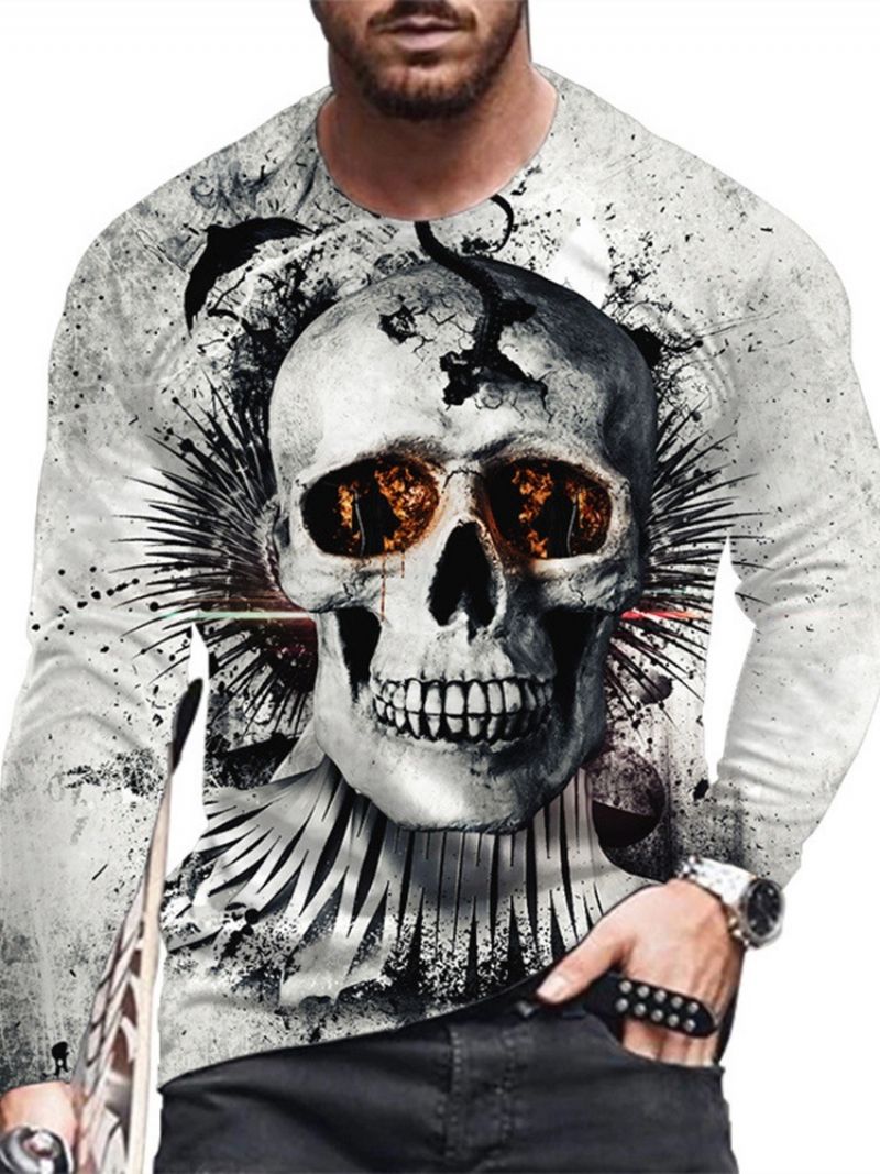 Skull Print Round Neck Straight Pullover T-Paita